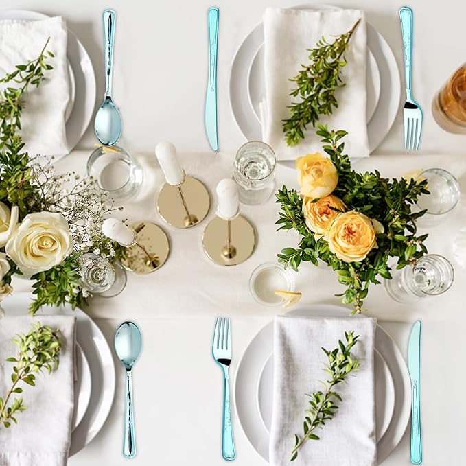 180 Pack Disposable Light Blue Plastic Silverware Contain 60 Forks,60 Spoons,60 Knives, Solid and Durable Plastic Cutlery Utensils Set Perfect for Parties,weddings.