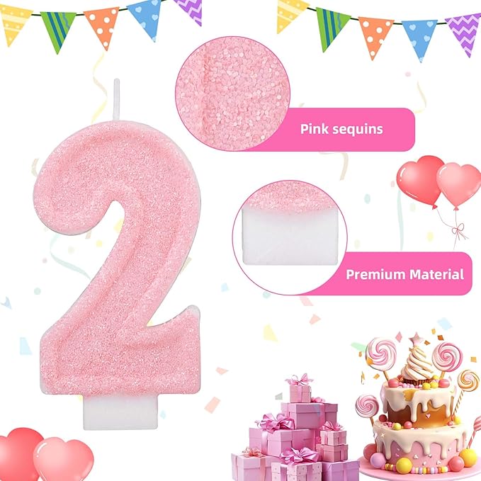Pink Number Birthday Candles, Romantic Cake Glitter Pink Number Candles Anniversary Cake Topper Decoration Cute Birthday Party Supplies for Wedding Anniversary Celebration Supplies (2)