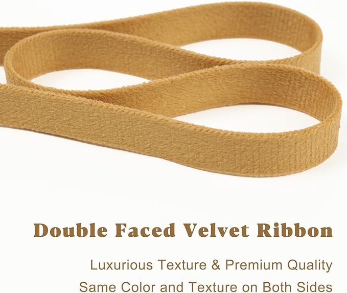 Khaki Velvet Ribbon 3/8 Inch x 21Yd Vintage Gold Thin Velvet Ribbon Double Faced Ribbons Set for Christmas Tree Ornaments Gift Wrapping Wedding Decoration Wreath & Hair Bows Making