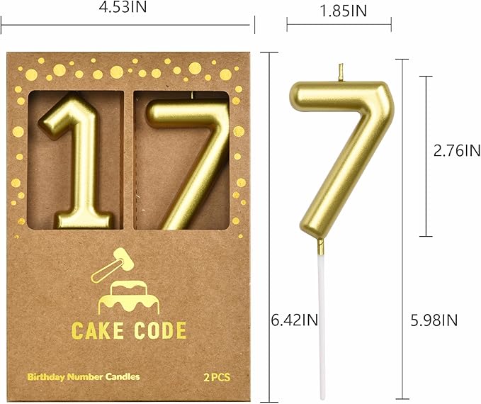 2.76 Inch Classical Gold 17 Number Birthday Candles, Gold Number Candles, Cake Number Candles, Party Celebration