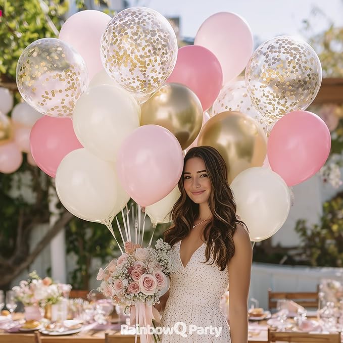 Metallic Pink and Gold Balloons 12 Inch 67PCS Sand White Champagne Confetti Latex Helium Balloons Set for Anniversary Wedding Birthday Party Decorations