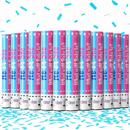 Gender Reveal Confetti Cannon | No Powder Confetti Poppers | Ideal for Baby boy Gender Reveal Decoration (12 blue)