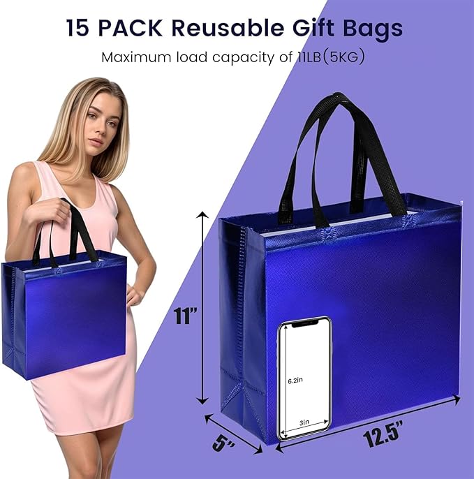 VGOODALL 15 Pack Gift Bags with Handles, 12.6" x 5" x 11" Large Blue Reusable Gift Bags Bulk for Birthday Wedding Party