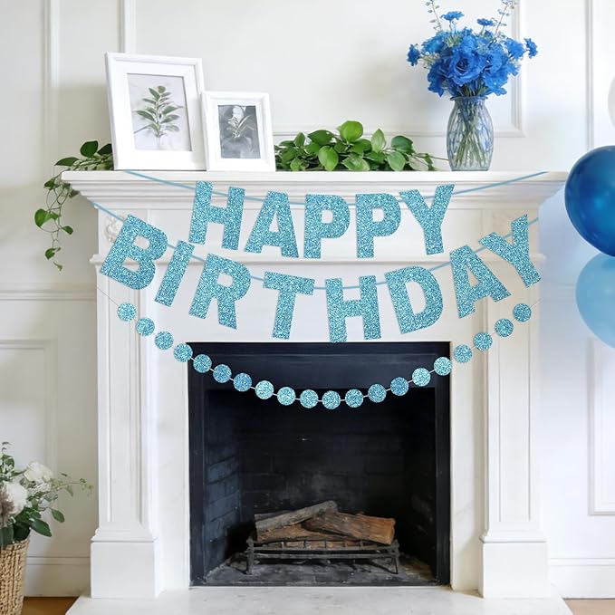Happy Birthday Banner Pre-Strung Birthday Party Decorations NO DIY Glitter Happy Birthday Sign Circle Dots Garland Birthday Hanging Decorations for Women Men Birthday Party Supplies (Blue)