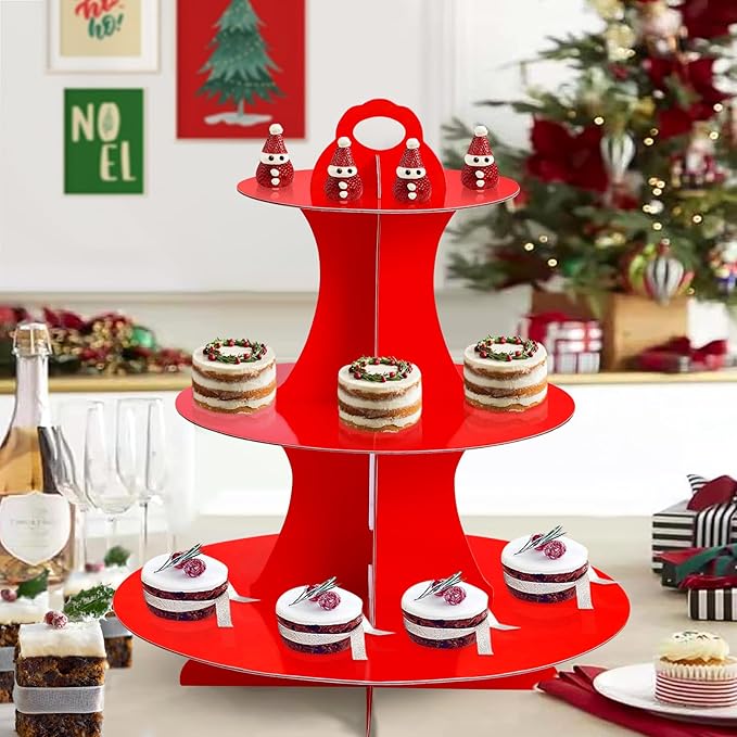 Soleebee 3-Tier Round Cupcake Stand, Cardboard Cupcake Tower, Dessert Cup Cake Stand Tower for Birthday Wedding Party Decoration, Cupcake Tier Stand 1 Set (Red)