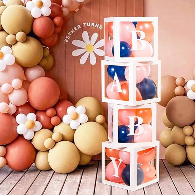 Voircoloria Baby Boxes with Letters for Baby Shower, Baby Shower Decorations with 4 Balloon Boxes for Gender Reveal Baby Shower Decorations(Navy and Rose Balloons)