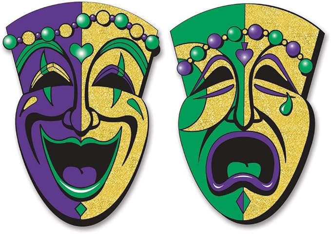 Beistle 2-Pack Jumbo Glittered Comedy and Tragedy Faces, Mardi Gras Party Decorations, black/gold/green/purple, 24.5”