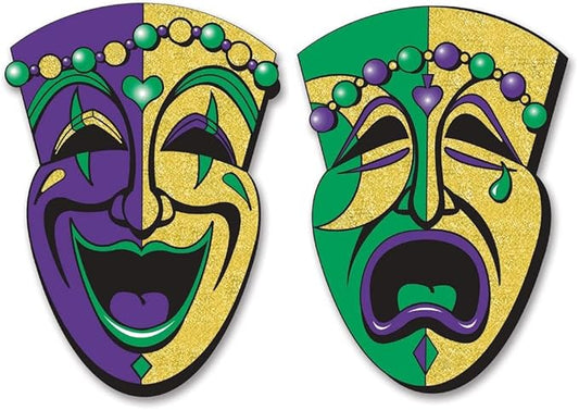 Beistle 2-Pack Jumbo Glittered Comedy and Tragedy Faces, Mardi Gras Party Decorations, black/gold/green/purple, 24.5”