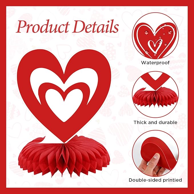 9Pcs Valentine's Day Honeycomb Centerpieces 3D Conversation Heart Tabletop Decorations Red Pink Love Table Topper Centerpiece for Wedding Anniversary Party Home Kitchen Table Decor
