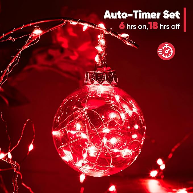 Ariceleo 4 Pack 32.8 Ft. Battery Operated Outdoor String Lights with Remote & Timer, LED Red Fairy Lights, Waterproof Twinkle Lights for Bedroom, Dorm, Mason Jar, Wedding, Party, Christmas
