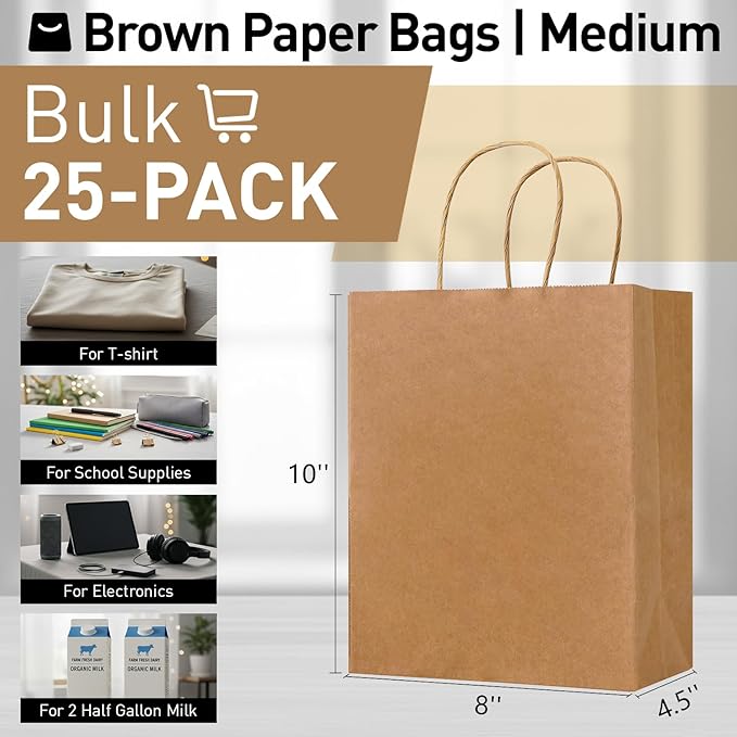 SUNCOLOR Brown Kraft Paper Gift Bags with Twisted Handles, 8x4.5x10 Inch, Medium, 25 Pack, for Shopping, Party Favors, Wedding