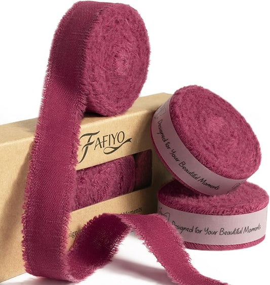 Burgundy Cotton Ribbon 5/8 Inch Burgundy 3 Rolls 21 Yards Frayed Edge Fabric Set for Wedding Decor, Bridal Bouquet Wrap, Anniversary Celebration, Gift Wrapping & Christmas Decor