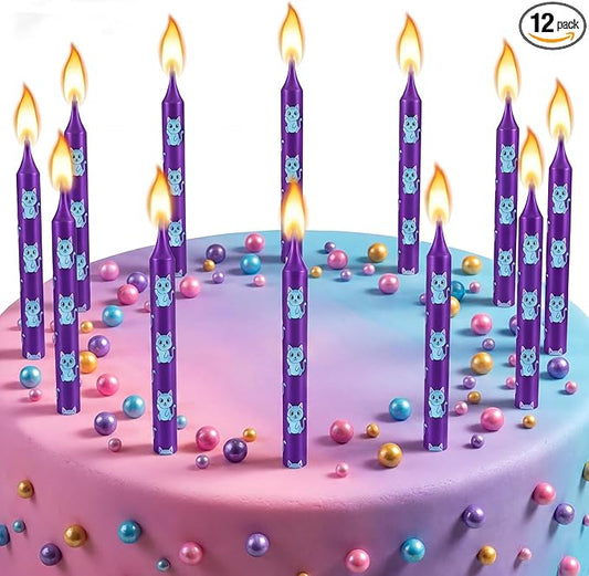 Conelist 12 Pcs Kpop Cat Themed Birthday Candles Purple Blue Birthday Decorations Cartoon Movie Cake Toppers for Kpop Themed Party Supplies