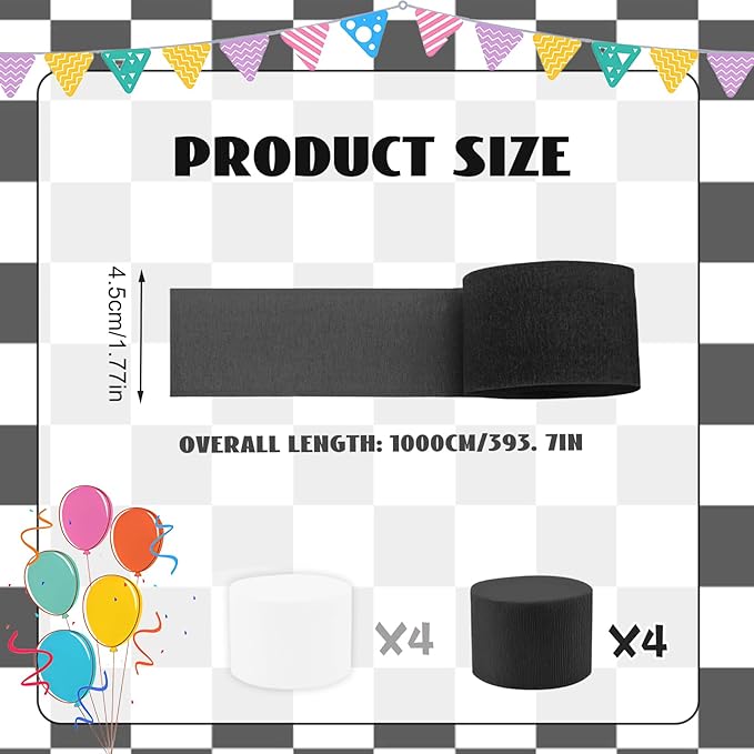 Black White Crepe Paper Streamers 8 Rolls 32ft Race Car Birthday Party Supplies Baby Shower Sports Racing Decorations(1.77inx32ft)