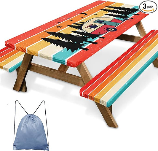 Picnic Table Cover with Bench Covers Elastic Edges, Rainbow Camper Fitted Table Cover, Outdoor Camping Essentials 72 Inch 3PCS, Waterproof Camping Fitted Tablecloth with Drawstring Bag