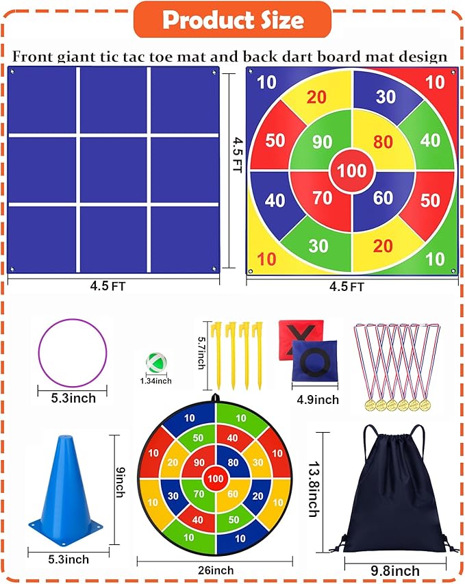 Outdoor Giant Tic Tac Toe Games, 4.5FT x 4.5FT Double-Sided, 26" Dart Board with Sticky Balls, Soft Plastic Cones Ring Toss Game Set for Kids Adults Family Outside Carnival Lawn Yard Party Games