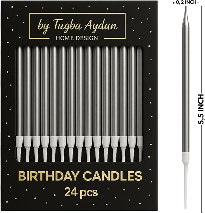 by Tugba Aydan Silver Birthday Candles, 24 Pack, Long Thin Metallic Cake Candles with Holders, Elegant Silver Candles for Cakes, Cupcakes & Parties