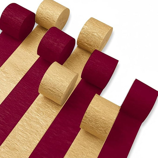 PartyWoo Gold and Burgundy Crepe Paper Streamers 8pcs 656ft Pack of Gold and Maroon Crepe Paper Streamers for Graduation Wedding Birthday Bachelorette Citizenship Strawberry Theme Party Decorations