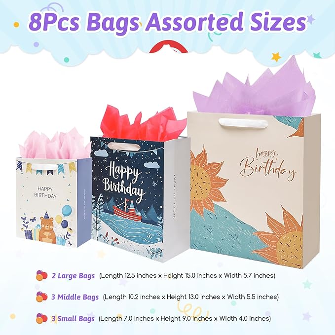 UOKHO Birthday Gift Bag with Handle and Tissue Paper, 8 Pcs Reusable Gift Bags Assorted Sizes and Designs, Large, Medium, Small Size Birthday Gift Bag for Kids, Women, Men -15“,13“, 9“