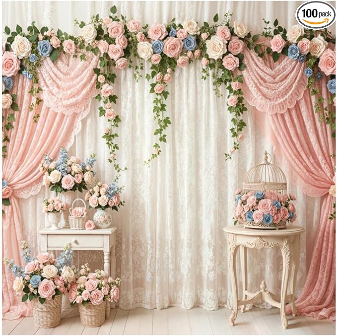 Kate 8x8ft Elegant Floral Arch Photography Backdrop with Sheer Lace Curtains for Wedding Photography Photo Background