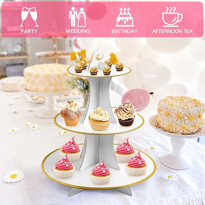 Soleebee 3-Tier Round Cupcake Stand, Cardboard Cupcake Tower, Dessert Cup Cake Stand Tower for Birthday Wedding Party Decoration, Cupcake Tier Stand 2 Set (White Gold)
