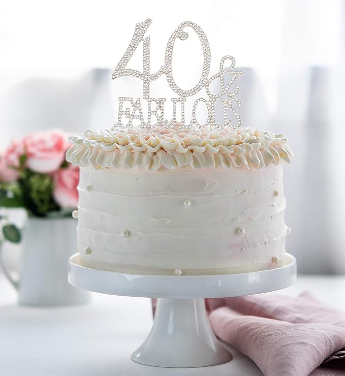 40 & Fabulous Cake Topper 40 Years Birthday Or 40th Wedding Anniversary Silver Crystal Rhinestone Party Decoration