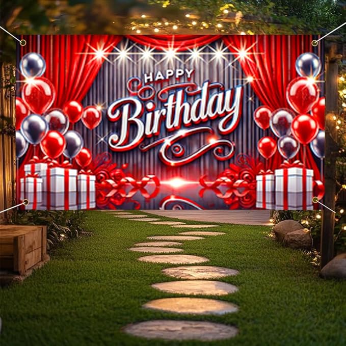 71x43 Inch Birthday Party Banner with Red and Silver Balloons Gift Boxes Curtains Stage Backdrop Indoor Outdoor Wall Door Porch Decoration Celebration Photo Prop