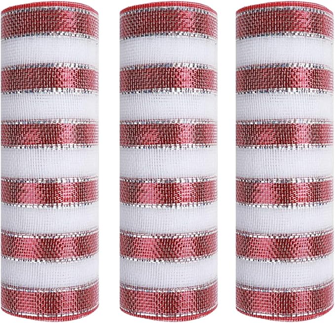 3 Rolls Red White Stripe Deco Mesh Ribbon for Wreath Making Supplies, 10 Inch x 30FT Metallic Foil Burlap Deco Mesh Fabric for Christmas Tree New Year Winter Door Wreath Swags and Decorating