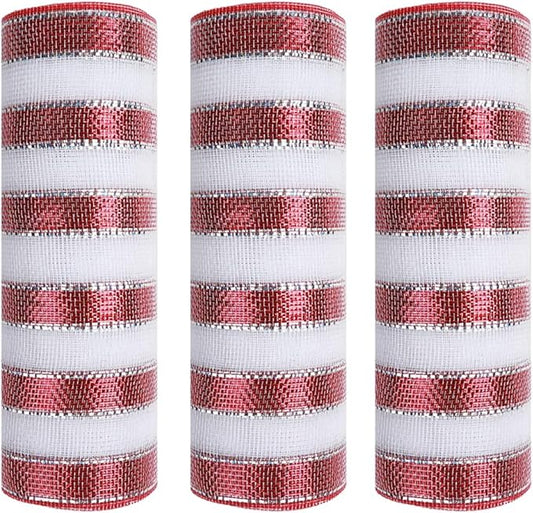 3 Rolls Red White Stripe Deco Mesh Ribbon for Wreath Making Supplies, 10 Inch x 30FT Metallic Foil Burlap Deco Mesh Fabric for Christmas Tree New Year Winter Door Wreath Swags and Decorating
