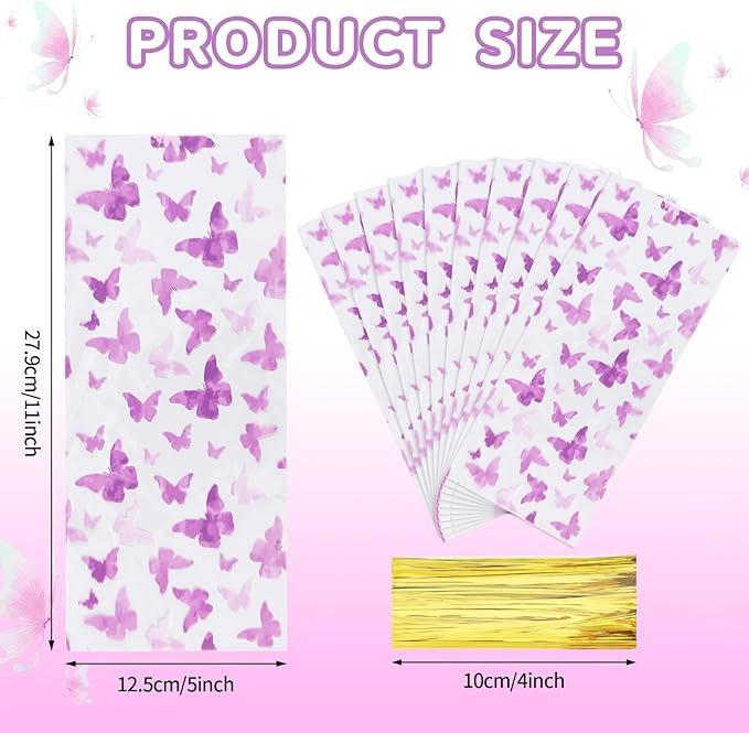 100 Pcs 5x11 Inch Cellophane Treat Bags with 100 Gold Twist Ties, Food-Safe Clear Butterfly Gift Bags for Candy Cookie Bakery Packaging, Valentine's Day Classroom Gifts Wedding Party Favors