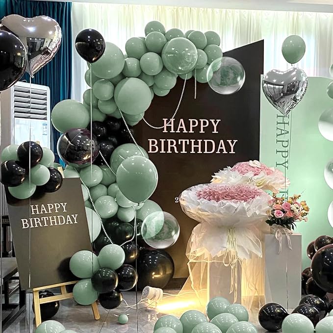 Sage Green and Black Balloon Arch Kit, 151Pcs Green Black Bobo Balloons Garland 18 12 10 5 inch for Birthday, Graduation, Baby Shower, Wedding, Anniversary, Holiday Party Decoration