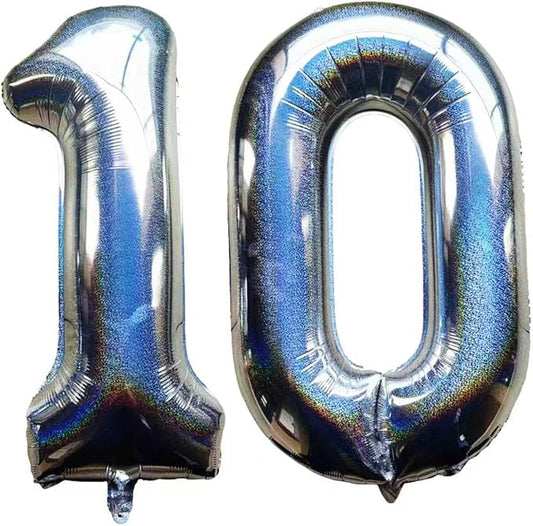 Laser Silver Number 10 Balloons 40 Inch Giant Number Silver 10 Foil Mylar Balloons for 10th Birthday Anniversary Events Party Decorations