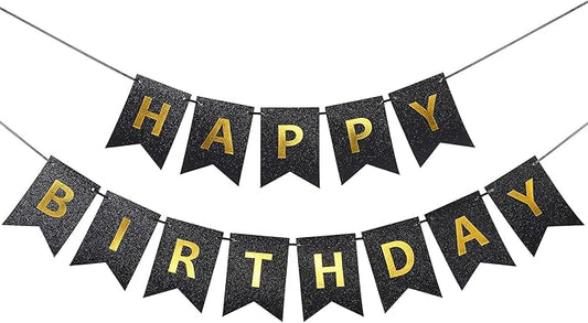 Clabby Glitter Black Happy Birthday Banner with Shiny Letters Happy Birthday Shiny Glitter Hanging Signs Bunting for Party Supplies Hanging Backdrop Decoration