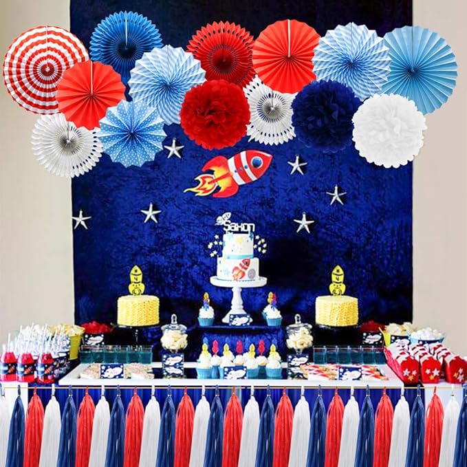 Navy Blue Red White Party Decorations Hanging Paper Fans Pom Poms Flowers Tissue Tassel Garland for 4th of July Day Patriotic Decoration Graduation Birthday Supplies