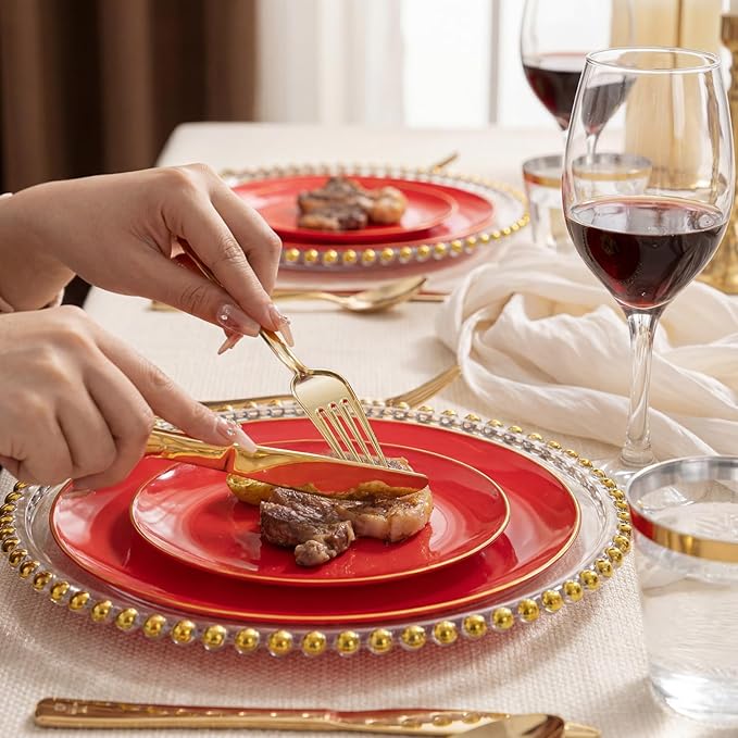 WDF 150Pcs Red Plastic Plates - Red Plates Disposable - 25Guest Dinnerware Include 25 Dinner Plate, 25 Dessert Plate, 75 Cutlery & 25 9oz Cups for Wedding/Birthday/Bridal Shower