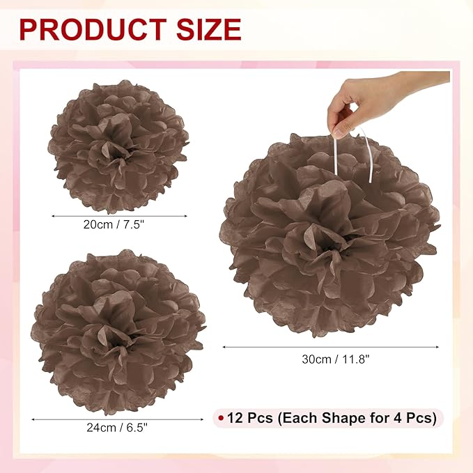 PATIKIL 8" 10" 12" Tissue Paper Pom Poms, 12PCS Pom Poms Paper Flowers Ball Tissue Paper Flowers for Wedding Bridal Shower Birthday Bachelorette Party Backdrop Decoration, Brown