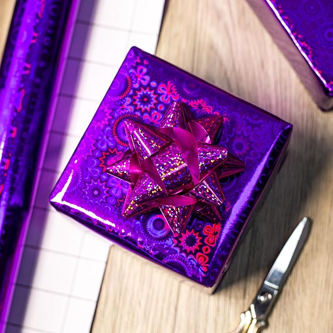 Burymento Purple Wrapping Paper Roll, Metallic Holographic Bohemia Gift Wrap for Birthday, Valentines, Mothers day, Graduation, Wedding, Fathers day, Baby Shower, Christmas (17 IN x 32.8 FT)