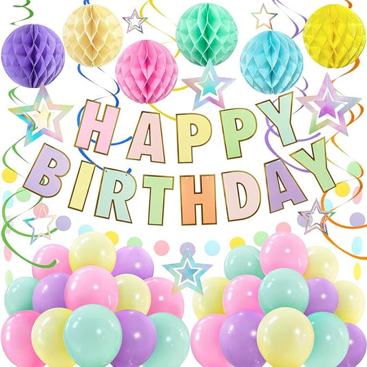 ZERODECO Birthday Decorations, Easy to Assemble Pastel Happy Birthday Banner with Honeycomb Ball, Balloon, Hanging Swirl Streamer, Garland, Happy Birthday Party Decorations for Women Girls Kids