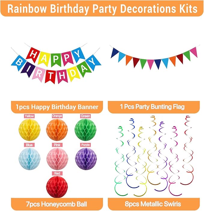 Happy Birthday Decorations, 60Pcs Rainbow Happy Birthday Banner Decorations for Men Women Party Supplies