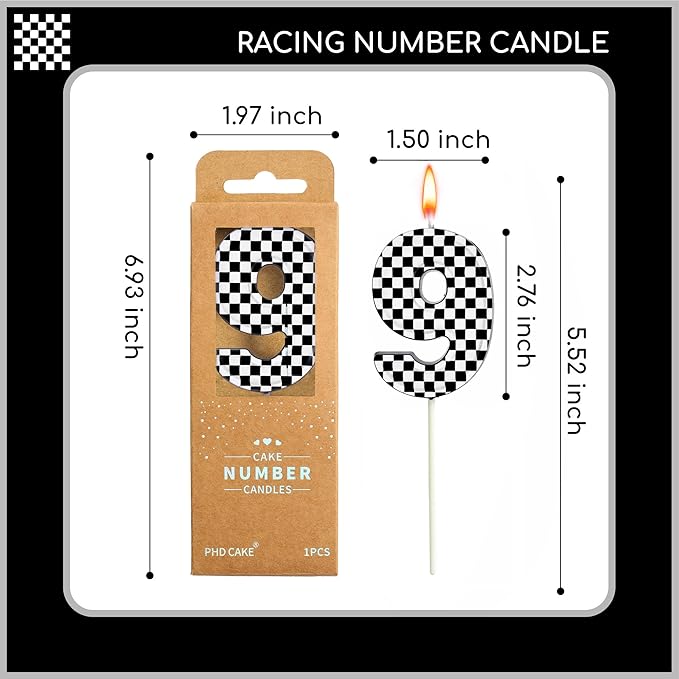 PHD CAKE 2.76 Inch Number 9 Racing Birthday Candles, Cool Racing Themed Number Candles, Cake Number Candles, Party Celebration, Style Candle