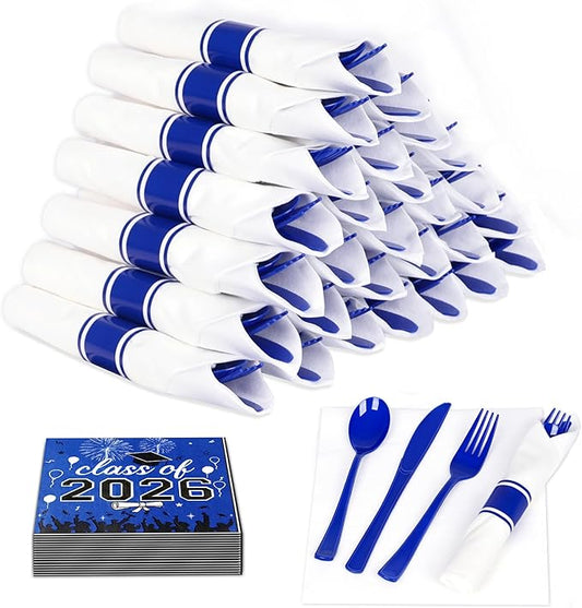30 Pack Pre Rolled Blue Plastic Silverware Set,Wrapped Plastic Cutlery Set with Napkin Include 30 Forks,30 Spoons,30 Knives,30 White Napkins and 30 Blue Napkins for Graduation Congrats Grad Party