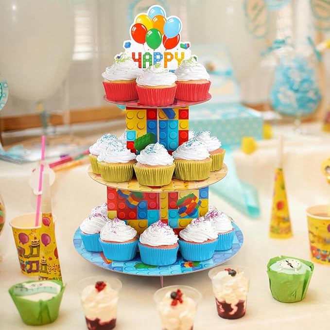 Building Block Cupcake Stand 3 Tier Birthday Party Supplies for Kids Adults Colorful Blocks Construction Cupcake Holder Brick Cake Stand Cardboard Dessert Tower Topper Cake Decorations