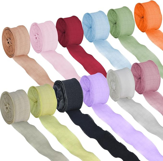 10 Yd x 12 Rolls Mixed Color Polyester Woven Ribbon Set - Wave Shaped Edge Ribbon for Party Decoration Crafts Hair Accessories and Christmas Gift Wrapping