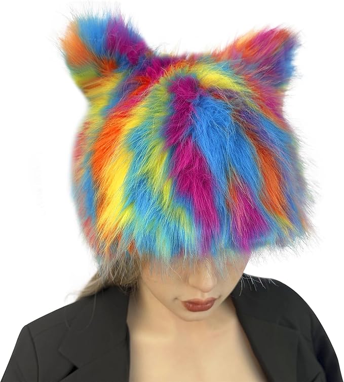 PURFUN Colorful Faux Fur Earflap Hats with Cat Ear, Adults Cosplay Halloween Animal Theme Wolf Cat Hooded Hat Costume Caps