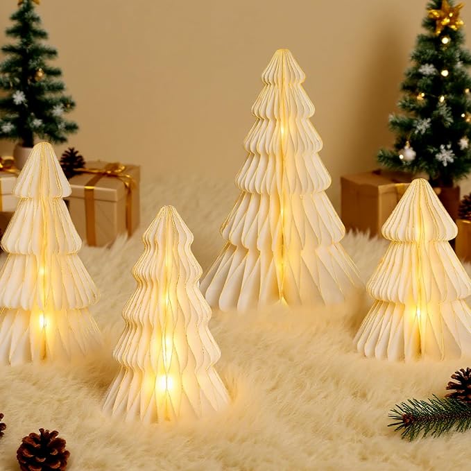 5 Pcs Christmas Table Decorations Indoor, 3D Honeycomb Paper Christmas Trees, Light Up Vintage Table Centerpieces for Christmas Winter Wonderland Holiday Party Weddings Home Decor, 8/10/12 Inch