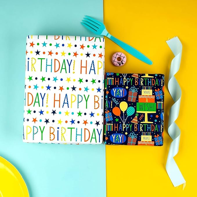 MAYPLUSS Reversible Birthday Wrapping Paper Mini Roll - 17In x 16.5Feet - Colorful Happy Birthday Lettering,Cake,Candle Pattern Kid Boys Party Gift Wrap Present Paper for Baby Shower, Holiday