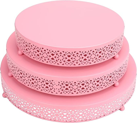 Pyrrhiax 3 Piece pink cake stand Set 16'' 14'' 12'' Round Metal Cake Stands Cupcake Stand Riser Pastry Candy Display Plate for Dessert Table Wedding Event Birthday Anniversary Party (Pink)