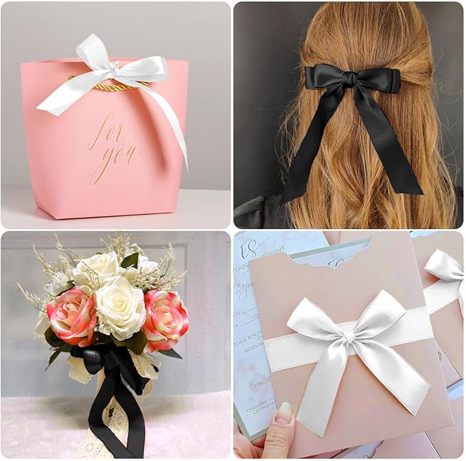 2 Rolls Black & White Ribbon - 1 Inch X 50 Yards - Silk Satin Ribbon for Bouquet, Arrangement & Halloween Decorations