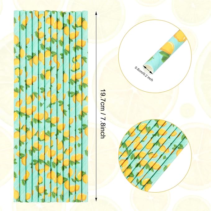 Whaline 200Pcs Watercolor Lemon Paper Straws Summer Disposable Drinking Straws Lemon Party Decorative Straw for Spring Summer Birthday Baby Shower Juices Shakes Cocktails Decorations