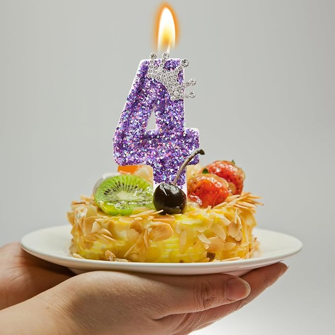 Birthday Number Candles,Purple Crown Birthday Candles for Cake,Glitter Number 4 Candle Cake Topper with Sequins for Anniversary Celebrations Supplies (Number 4)